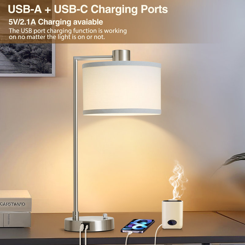 Navreet Table Lamp Set with USB C+A Charging Ports Fully Stepless Dimmable Bedside Lamp (Bulbs Included), Silver
