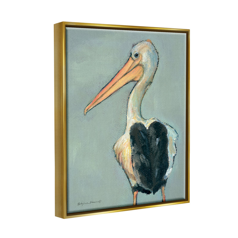 Pélican, faune - peinture, H 21 po x l 17 po x P 1,7 po, Cadre flottant métallique doré