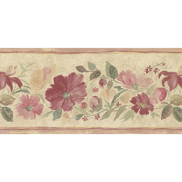 Papier peint à bordure florale cannelée 15 pi x 5,25 po Amaranthine, Jaune / bourgogne / ocre / vert / beige