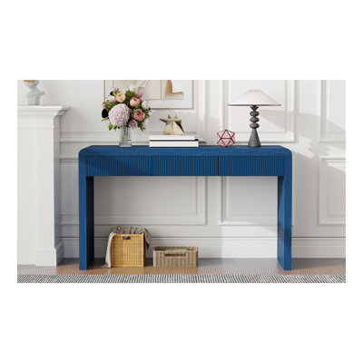 Console rustique avec 3 tiroirs cannelés - Table d'entrée en placage de bois massif avec grain de bois naturel pour le salon, couloir (bleu marine)