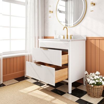 Ensemble de meuble-lavabo autoportant blanc 36 po avec 2 ensembles de poignées et plateau en marbre d'ingénierie entièrement assemblé