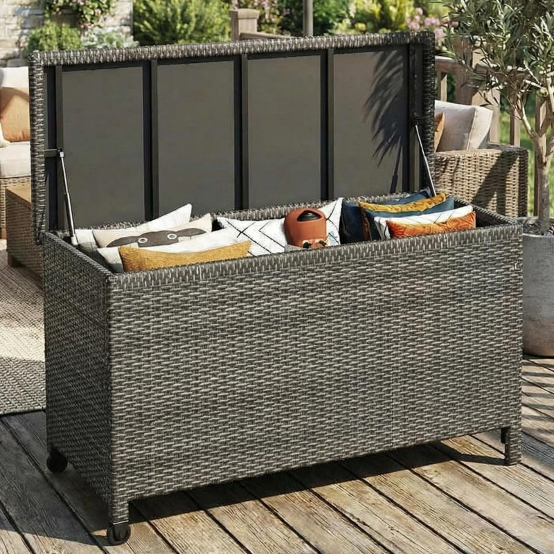 125 Gallon Heavy Duty Outdoor Storage Box with Wheels and Handles – Waterproof PE Rattan Deck Chest – Large Capacity Weatherproof Bin – UV Resistant for Patio, Garden, Poolside, Balcony – Grey Rattan