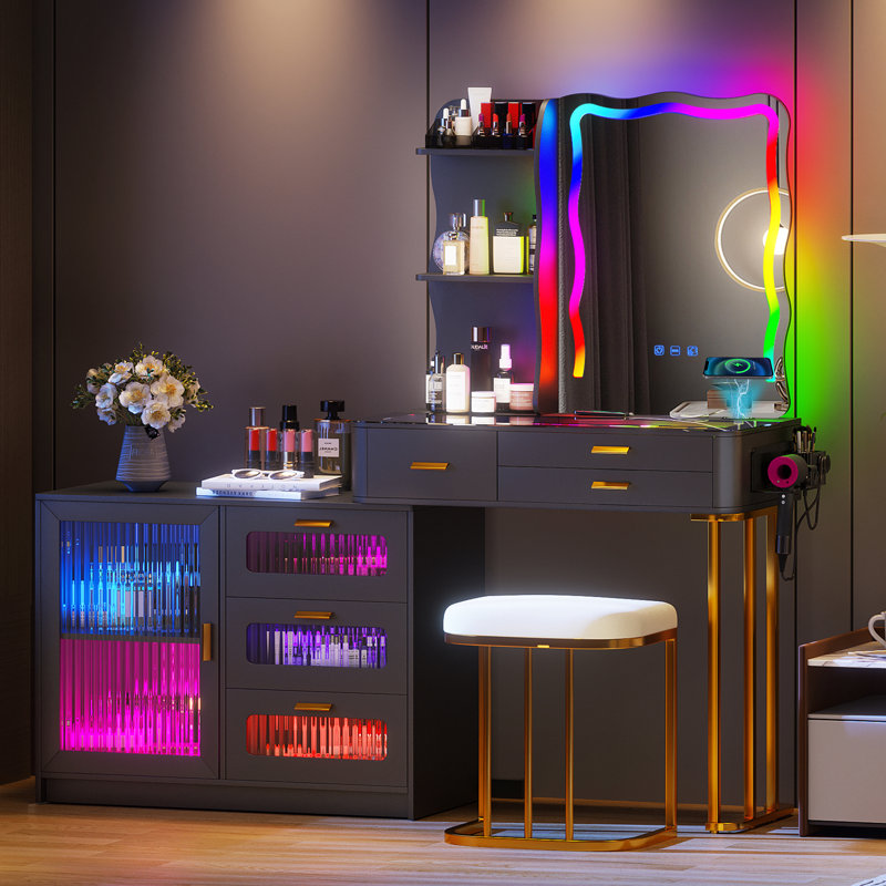 Makeup Vanity Table With Charging Station, Glass Top Vanity Set With Rgb Lights, 6 Drawer Dresser With Large Storage Side Cabinet