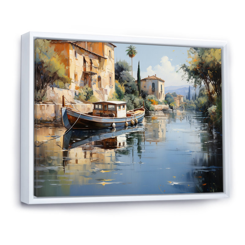 Beige canal impressionniste - imprimé, H 24 po x l 32 po x P 1 po, Cadre flottant blanc