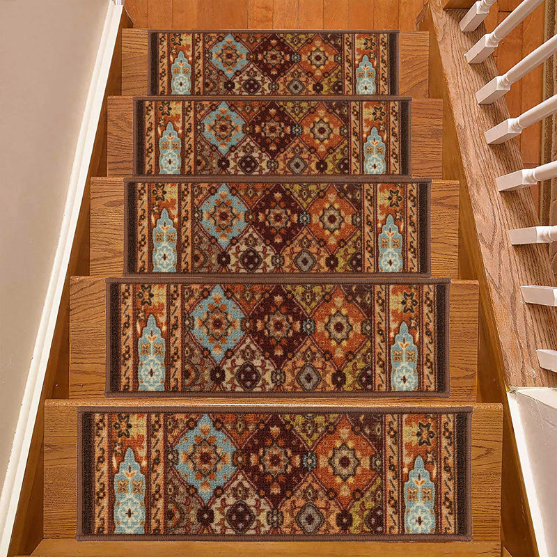 Slip Resistant Machine Washable Bakhtiari Multi Color Low Pile Stair Tread, Rectangle 31.5" x 7.5"