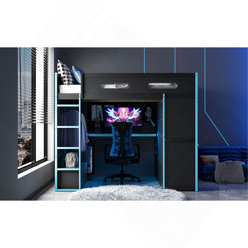 Lit mezzanine double en bois avec bureau, garde-robe, grand espace de rangement et lumière DEL RVB, Bleu