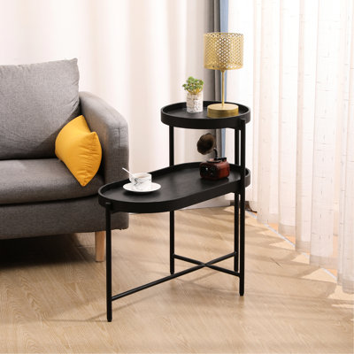 2 tables d'appoint pour le salon - structure en métal noir et bois fonctionnel avec rangement en bois, construction, s'adapte bien aux canapés, diverses pièces polyvalentes, processus d'installation facile