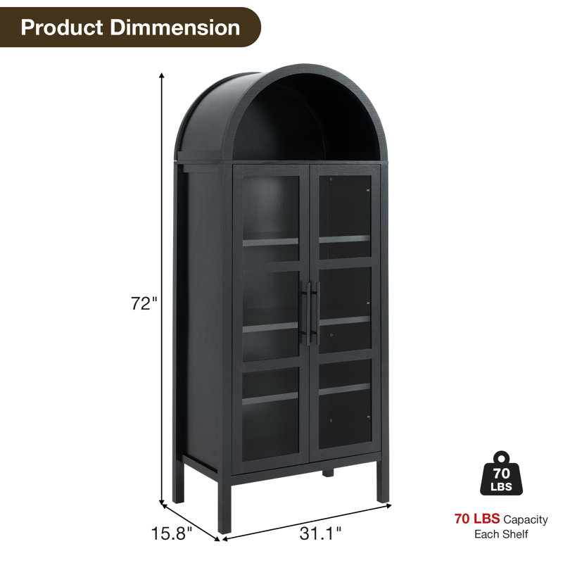 72" H x 31" W Farmhouse Arched Bookcase Wood Storage Display Cabinet With Glass Door & Adjustable Shelves, Black