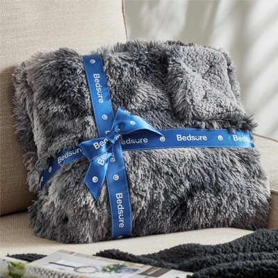 Bedsure Fluffy Blankets Queen Size for Bed, Thick Warm Sherpa Fleece Faux Fur Full Queen Blankets for Winter, Fuzzy Plush Soft Bedroom Decor Tie Dye Grey Bedding Cozy Gifts for Women Men, 90x90