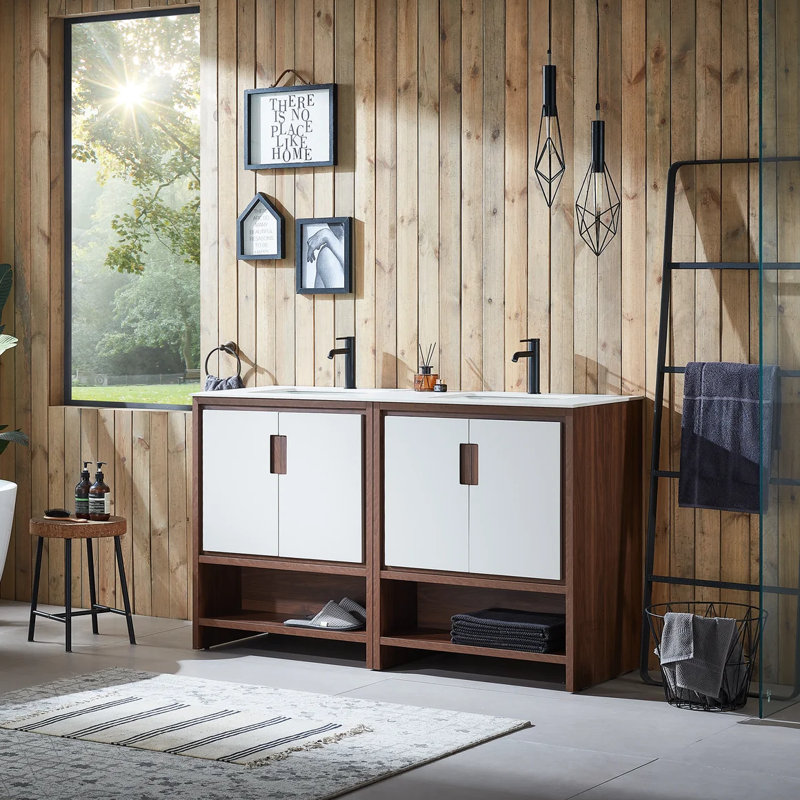 Meuble-lavabo en placage de contreplaqué 60 po avec plateau en pierre reconstituée Tomesia, Beige / noyer, Blanc