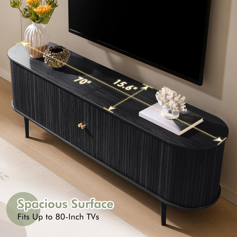 Baheerah TV Stand with Tambour Doors, Black, 24.2" H x 70" L x 15.5" W
