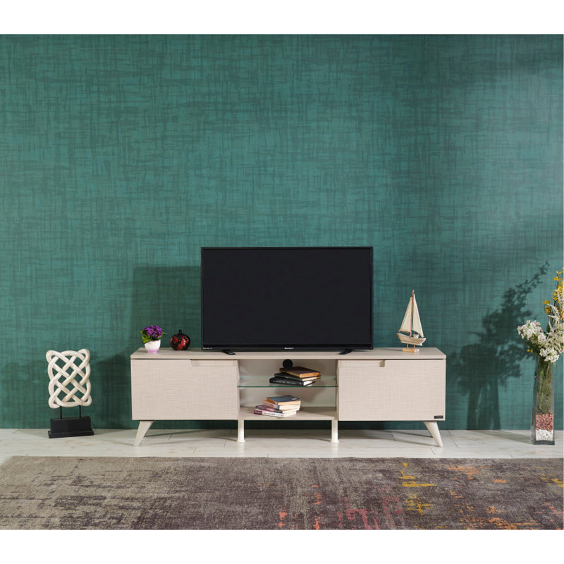 Furnishome Store Denver Mid Century Modern Tv Stand 2 Door Cabinets 1 Glass Shelf 66 Inch Tv Unit,, Beige, Beige