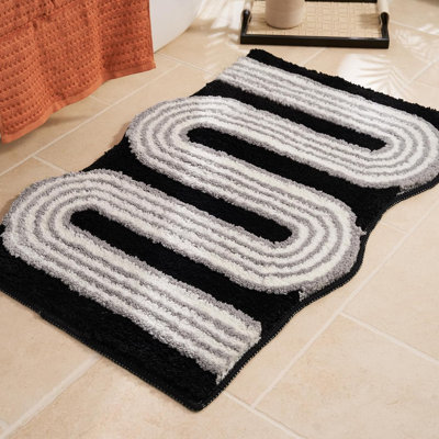 Wavy Boho Bathroom Rugs, Cute Retro Scalloped Bath Mat With Funky Geometric Design, Black Room Decor Cool, Machine Washable Soft Non-Slip Bath Rug, Black And White Bathroom Rugs