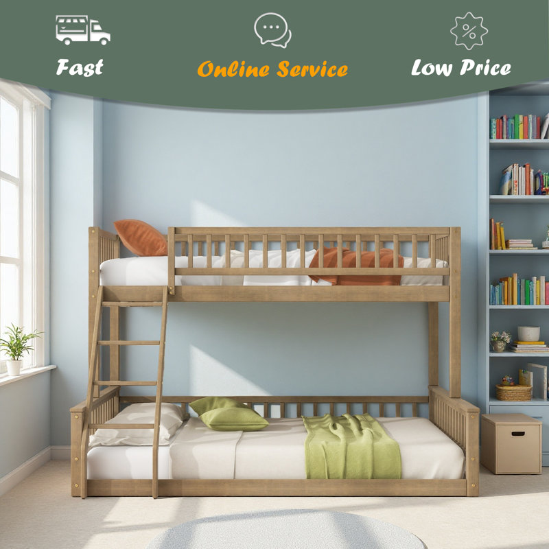 Twin XL Over Queen Bunk Bed With Ladder And Guardrails, Walnut