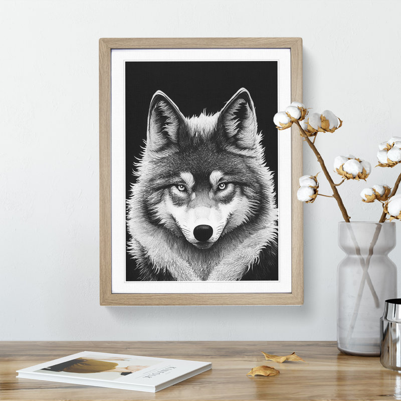 Monochrome Wolf No.4 - Framed Print, 64cm H x 46cm W, Oak