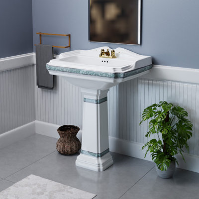 India Reserve 22 7/8 inch Pedestal Bathroom Sink Green and Gold with Overflow