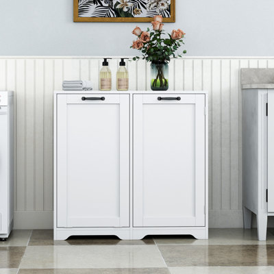 White Freestanding Laundry Cabinet with Tilt-Out Hamper and Adjustable Shelf - Bathroom Storage Solution with 3-Layer Shelves
