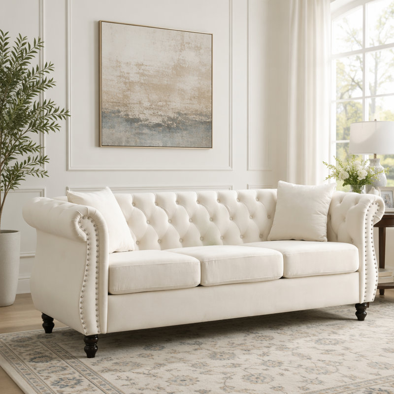 Canapé Chesterfield beige de 80 pouces avec accoudoirs roulés et dossier capitonné, Velours beige