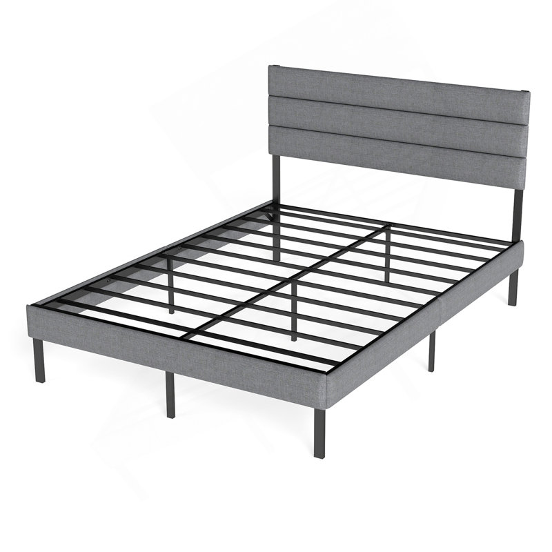 Base de lit plateforme grand lit - avec tête de lit, aucun sommier requis, rangement sous le lit de 14 po?, Gris / Noir