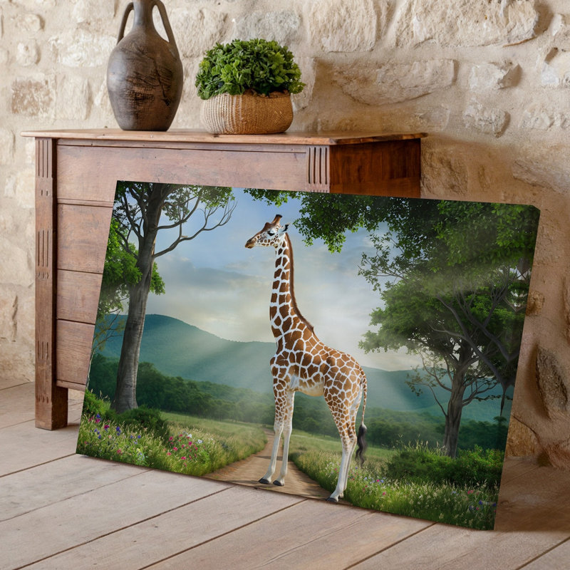 Toile, une girafe majestueuse se dresse gracieusement sur un chemin de terre, art mural à long cou élégamment arqué