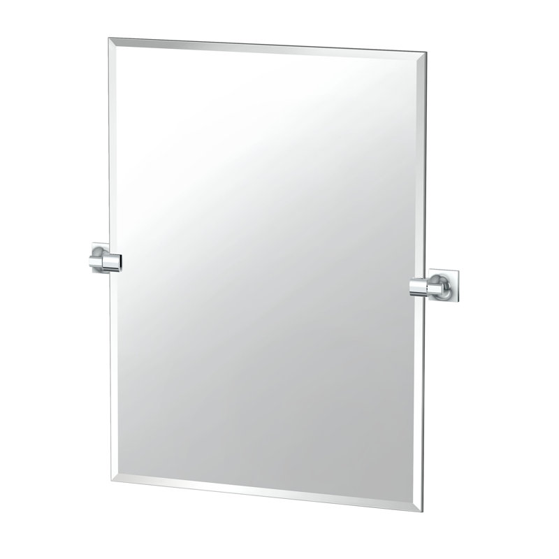 Waterline Frameless Rectangle Bathroom Vanity Mirror | Pivoting (Tilting) Beveled Mirror, 31.5" x 27.5", Chrome
