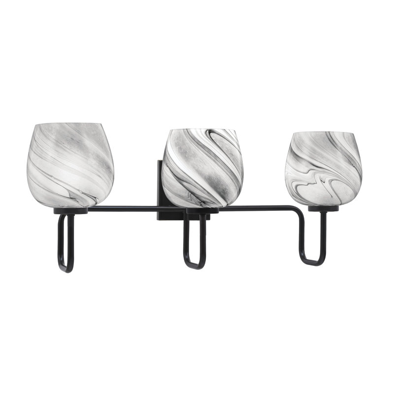 Barre d'éclairage de salle de bain 3 lumières Amarmula, finition noir mat, verre tourbillon onyx 6 ", Noir
