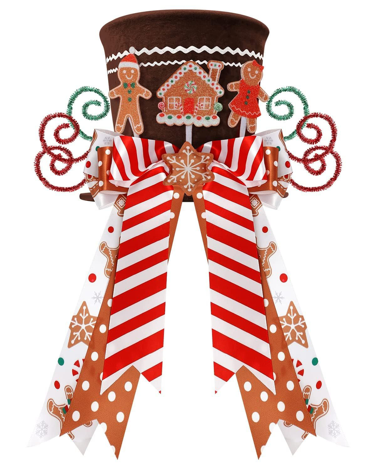 The Holiday Aisle® Gingerbread Christmas Tree Topper, Red Top Hat With Candy Cane Gingerbread House Cookies Ornament Bows, Winter Holidays Xmas Tree Home Decoration, 3D Wreath Attachment Festive Gift...