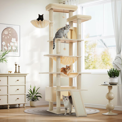 81-inch multi-level cat tower with large metal frame hammock, scratching pad, 2 rooftop perches, 2 cozy apartments, and 6 scratching posts