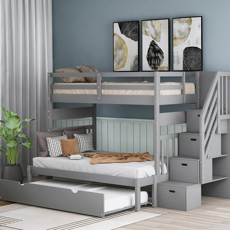 Lit simple superposé au dessus d'un lit double avec lit gigogne simple (gris) (VIEUX SKU: LT000025AAE-1), Gris