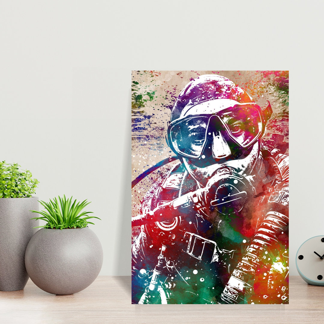 Colorful Underwater Diver Contemporary Dolphin Wall Art Print