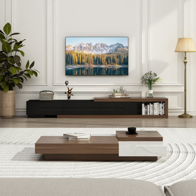 Meuble télé extensible, centre de divertissement réversible en bois avec 3 grands tiroirs