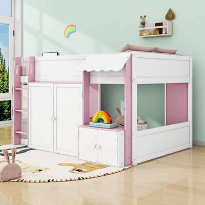Lit mezzanine double avec armoire, échelle et garde-corps