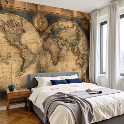 Papier peint adhésif à peler et coller, carte du monde rétro, cartes du monde H 100 po x l 144 po, papier peint amovible en PVC, peintures murales auto-adhésives, décoration pour le salon de la chambre à coucher