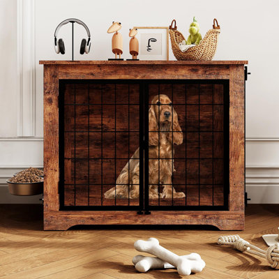 Meuble de 38 po pour cage robuste en bois rustique avec 2 bols rotatifs pour chien de petite taille et de taille moyenne (brun rétro (38 po))