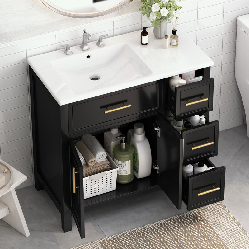 Meuble-lavabo de salle de bain avec comptoir, deux portes et trois tiroirs, Noir, noir, noir, noir