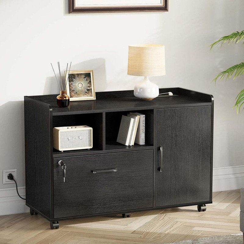 File Cabinet with Charging Station, Mobile Lateral Filing Cabinet with Locking Drawer, Printer Stand with Open Storage Shelf with Wheels, for Letter/Legal/A4 Size Files,Black