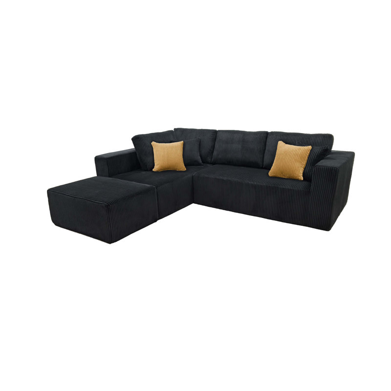 Full Compressed Corduroy Upholstered Sectional With Moveable Ottoman - No Assembly Needed