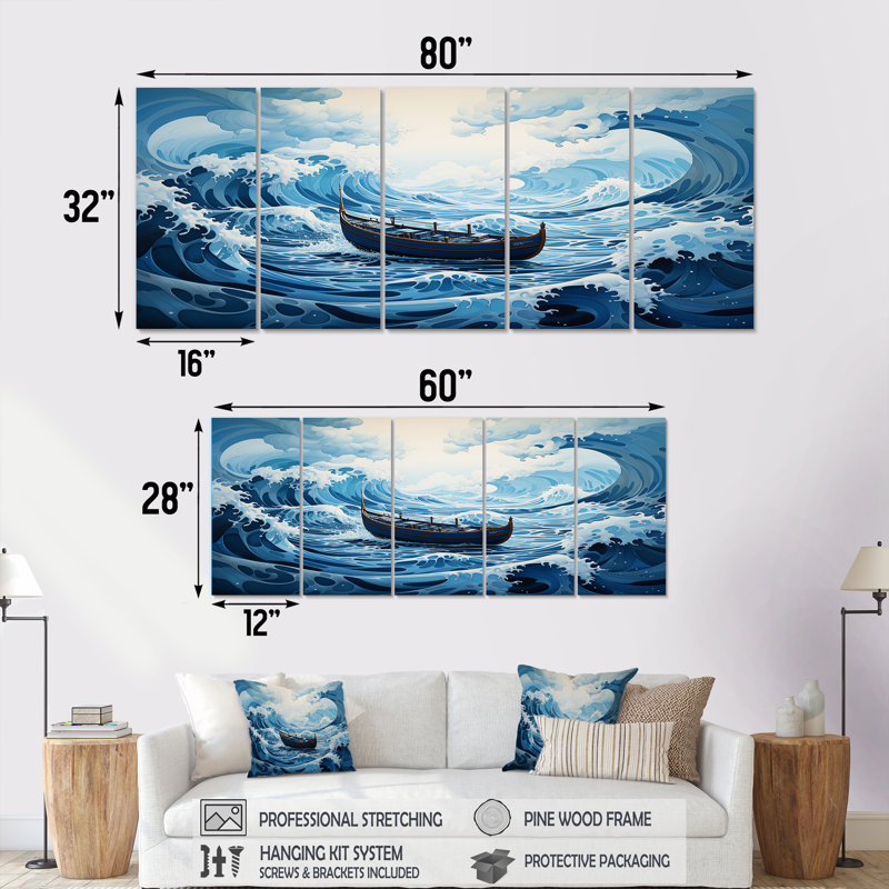 Décoration murale 5 pièces bleu surréel - bateau côtier, H 32 po x l 80 po