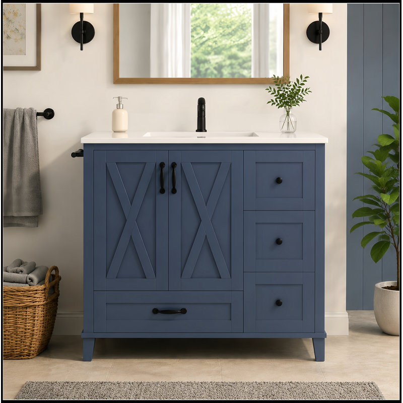 Meuble-lavabo de salle de bain avec lavabo, 4 tiroirs de rangement, tablettes de porte et tablette réglable, Navy Blue