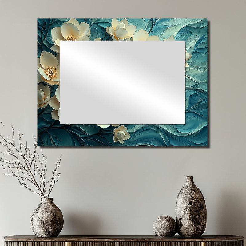 Jardin de magnolias sur Agate River I - miroir décoratif floral imprimé sur métal, 24 po x 32 po