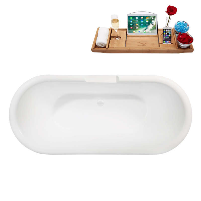 Baignoire autoportante 67 "avec drain interne Streamline, Blanc lustré
