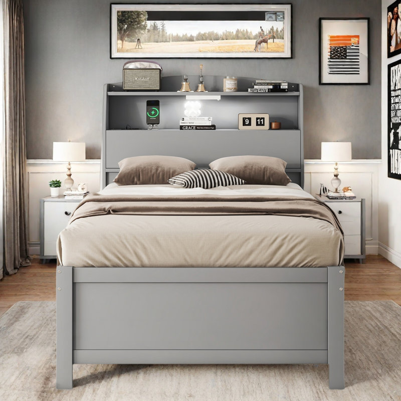 Wooden Platform Bed With Trundle, Storage Headboard And Drawers, Grey, Twin