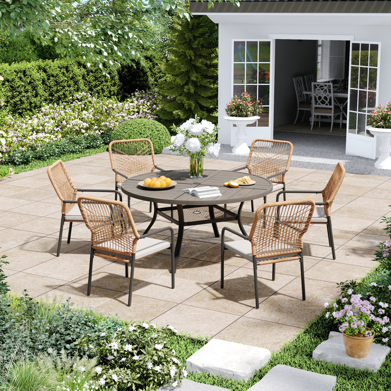 6-Person Outdoor Dining Set With Stackable Rattan Chairs, Gray Woodlike