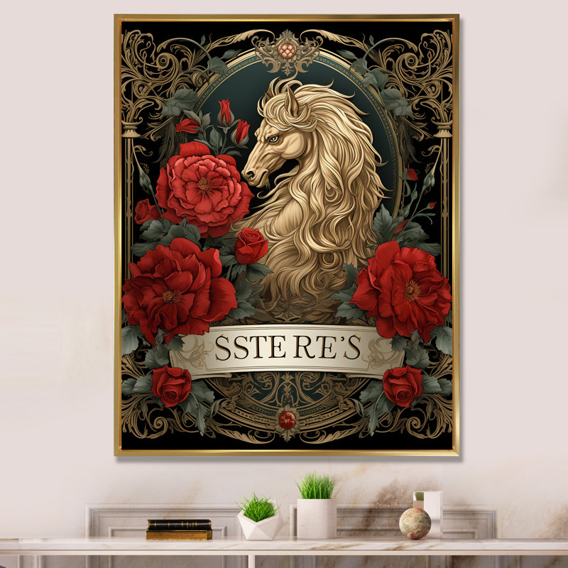 Rétro portrait d'un cheval blanc avec des roses rouges I sur toile, H 20 po x l 12 po x P 1 po, Cadre flottant doré