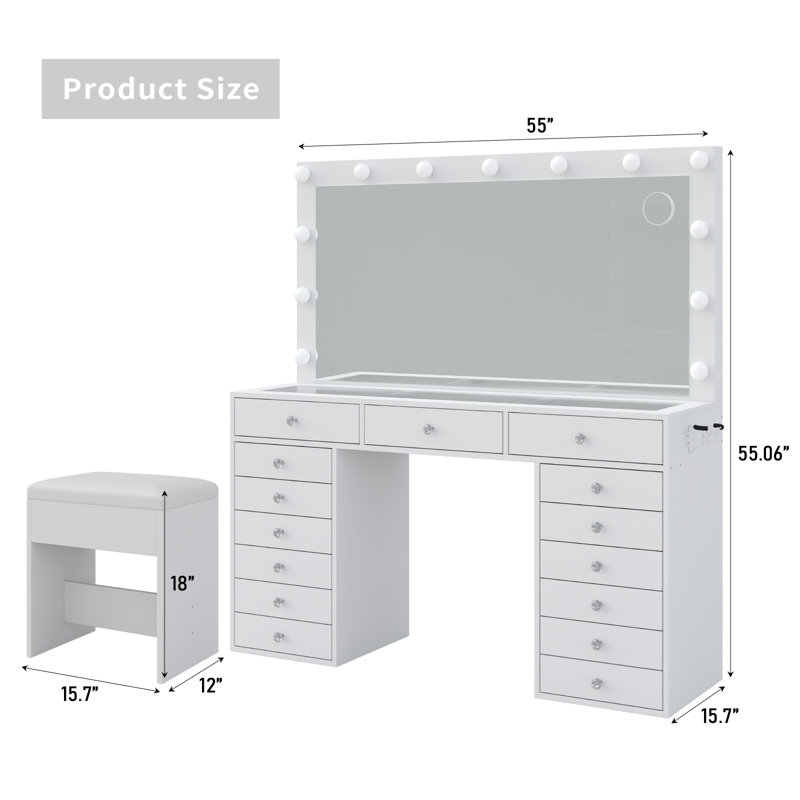 15 Drawers Vanity Desk, Makeup Vanity with Charging Station,  Dressing Table with Lighted Mirror, 3 Lighting Modes, Brightness Adjustable, Glass Top, Vanity Table with Chair
