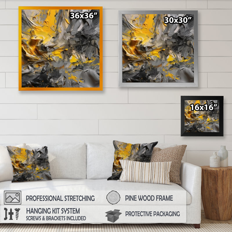 Deonka jaune moutarde et gris vif - décoration murale abstraite, Encadrement doré, L 36 po x H 36 po