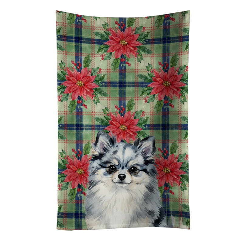 Blue Merle Pomeranian Christmas PoinsettIas Kitchen Towel, Blue Merle Pomeranian