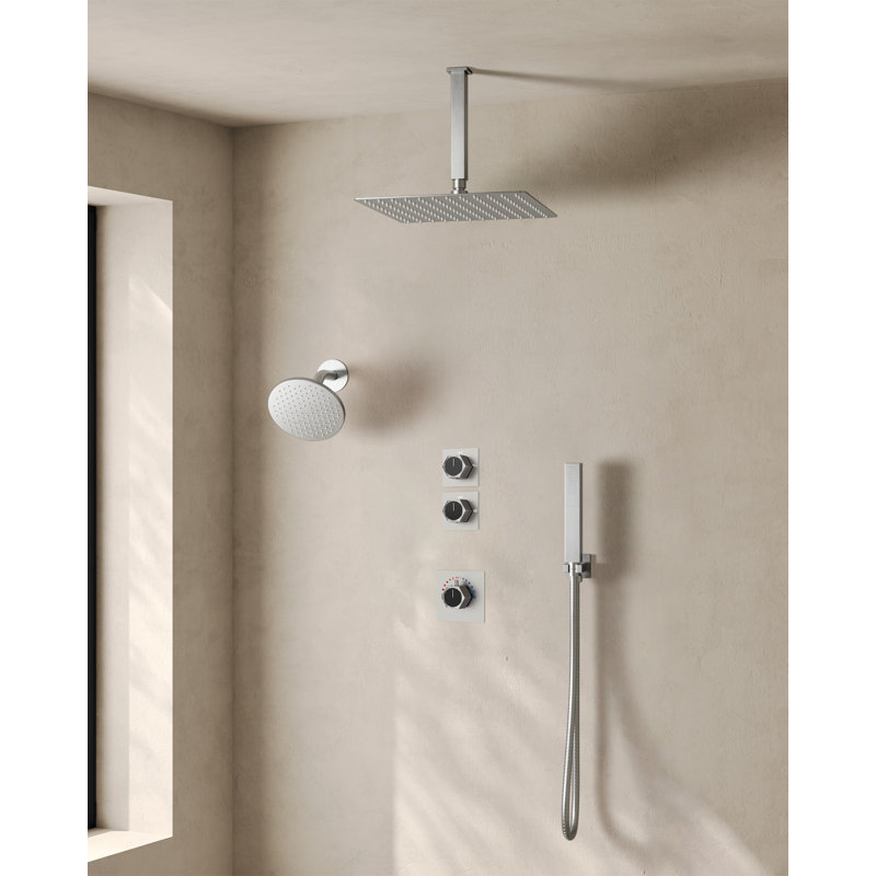  Thermostatic Dual Showerheads System, Ceiling Mount 12" High-Pressure Rainfall Shower Faucet with Handheld Spray