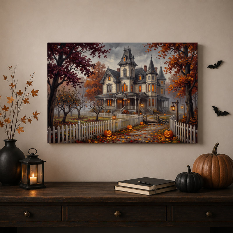 Toile victorienne avec feuilles d'automne et Jack O Halloween, 24"H x 36"W