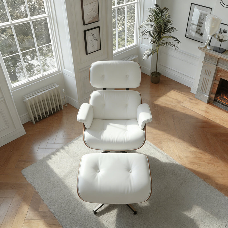 Leather Swivel Accent Chair With Ottoman, Naturalwood/WhitePU